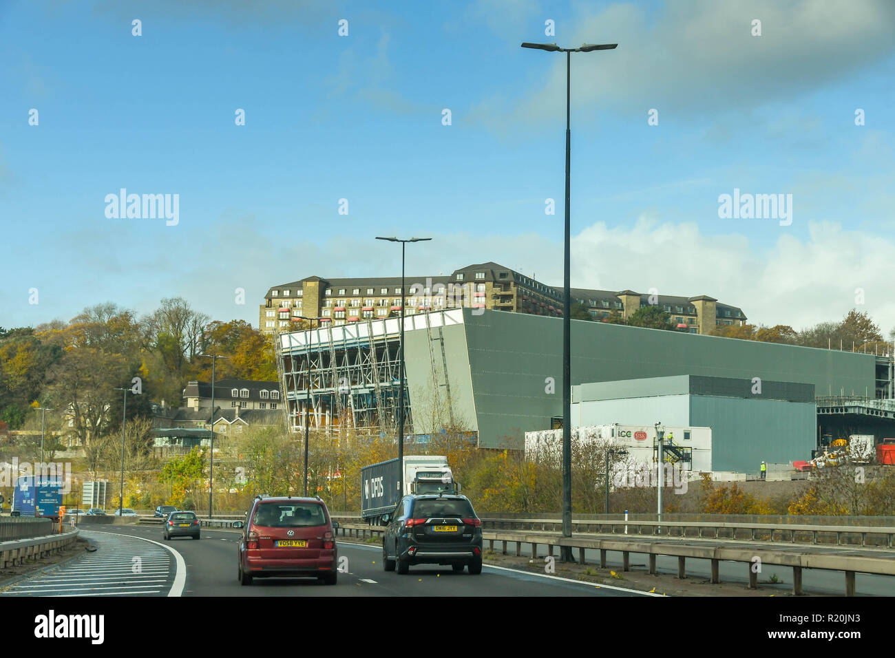 NEWPORT, WALES - NOVEMBER 2018: New conference centre being built alongside the M4 motorway at Newport in the Celtic Manor Resort. Stock Photo