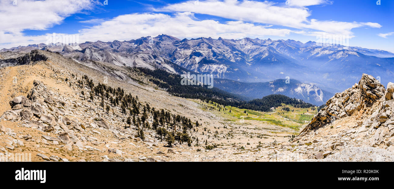 Alpine landscape and view towards eastern Sierra Nevada mountains as seen from Alta Peak on a sunny summer day; Sequoia National Park, California Stock Photo