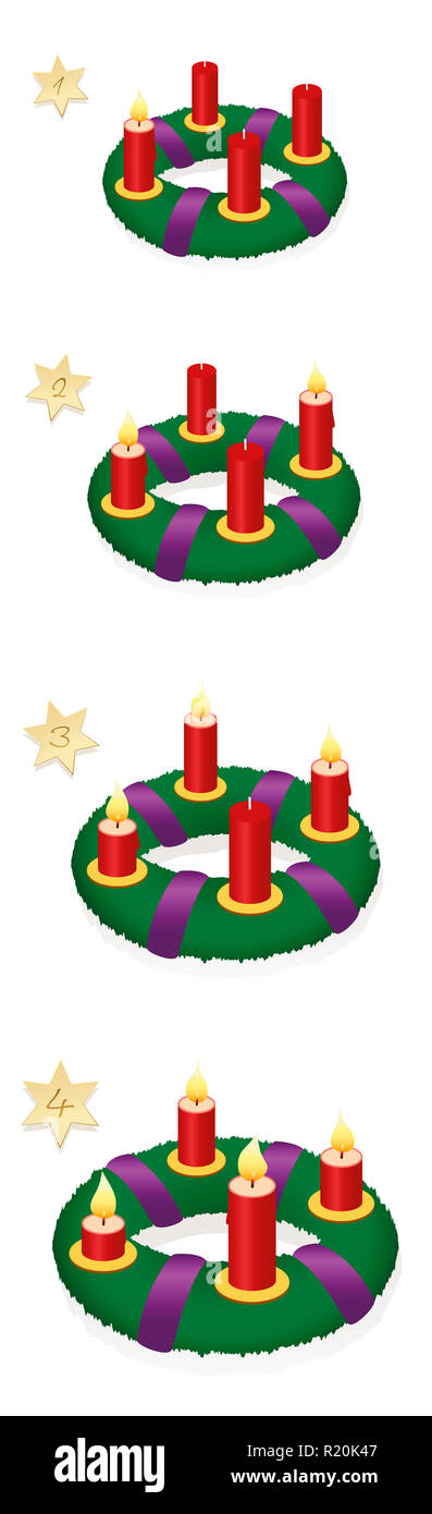 Advent wreath with one, two, three, four burning red candles in chronological order on first, second, third and fourth Sunday of Advent. Stock Photo