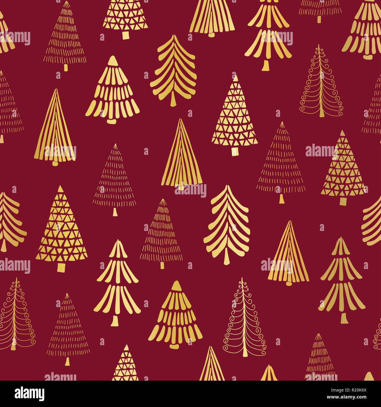 Hand drawn Christmas trees gold foil on red seamless vector pattern ...