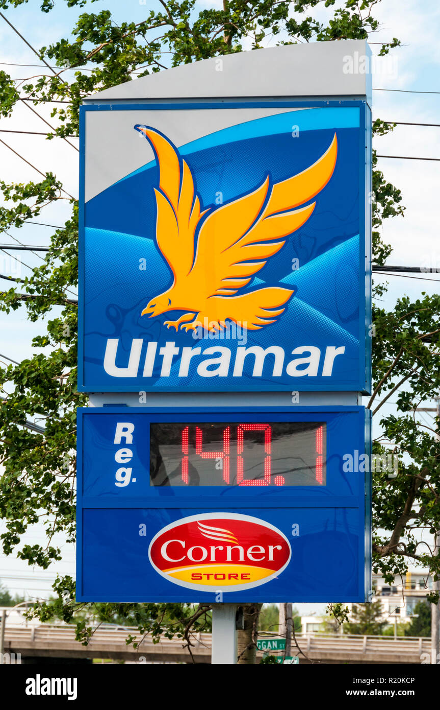 A sign for an Ultramar filling station, Newfoundland, Canada. Stock Photo