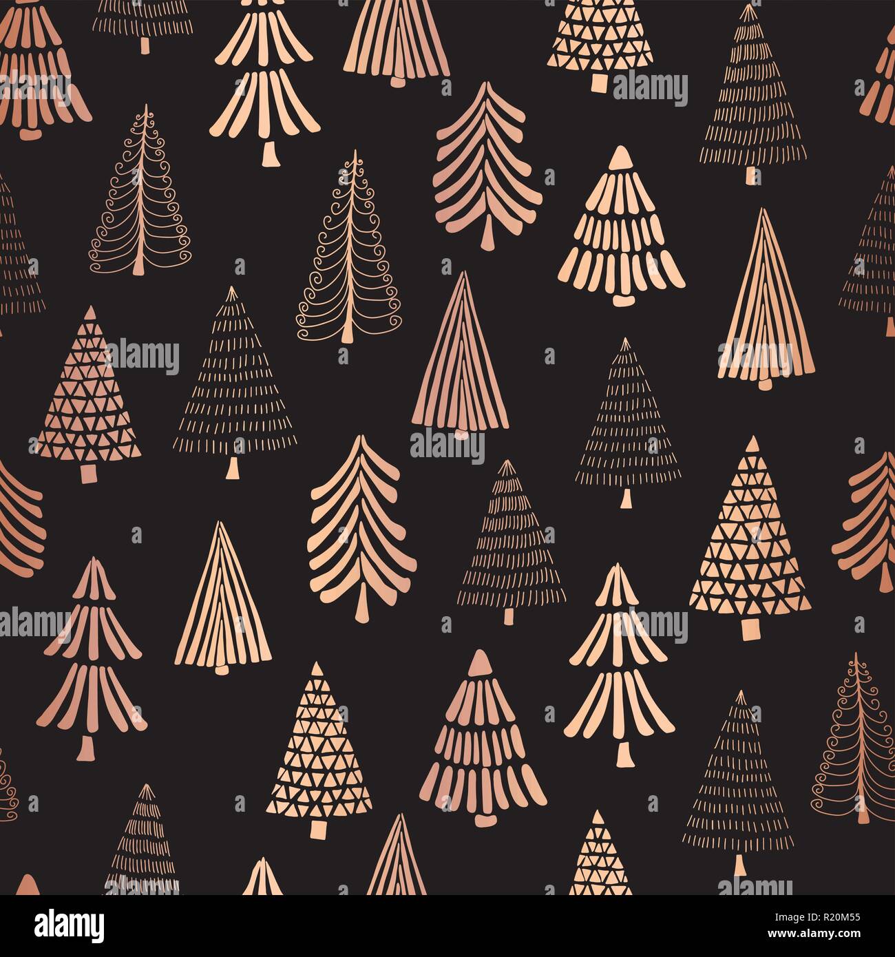 Christmas trees copper foil seamless vector pattern backdrop. Metallic ...