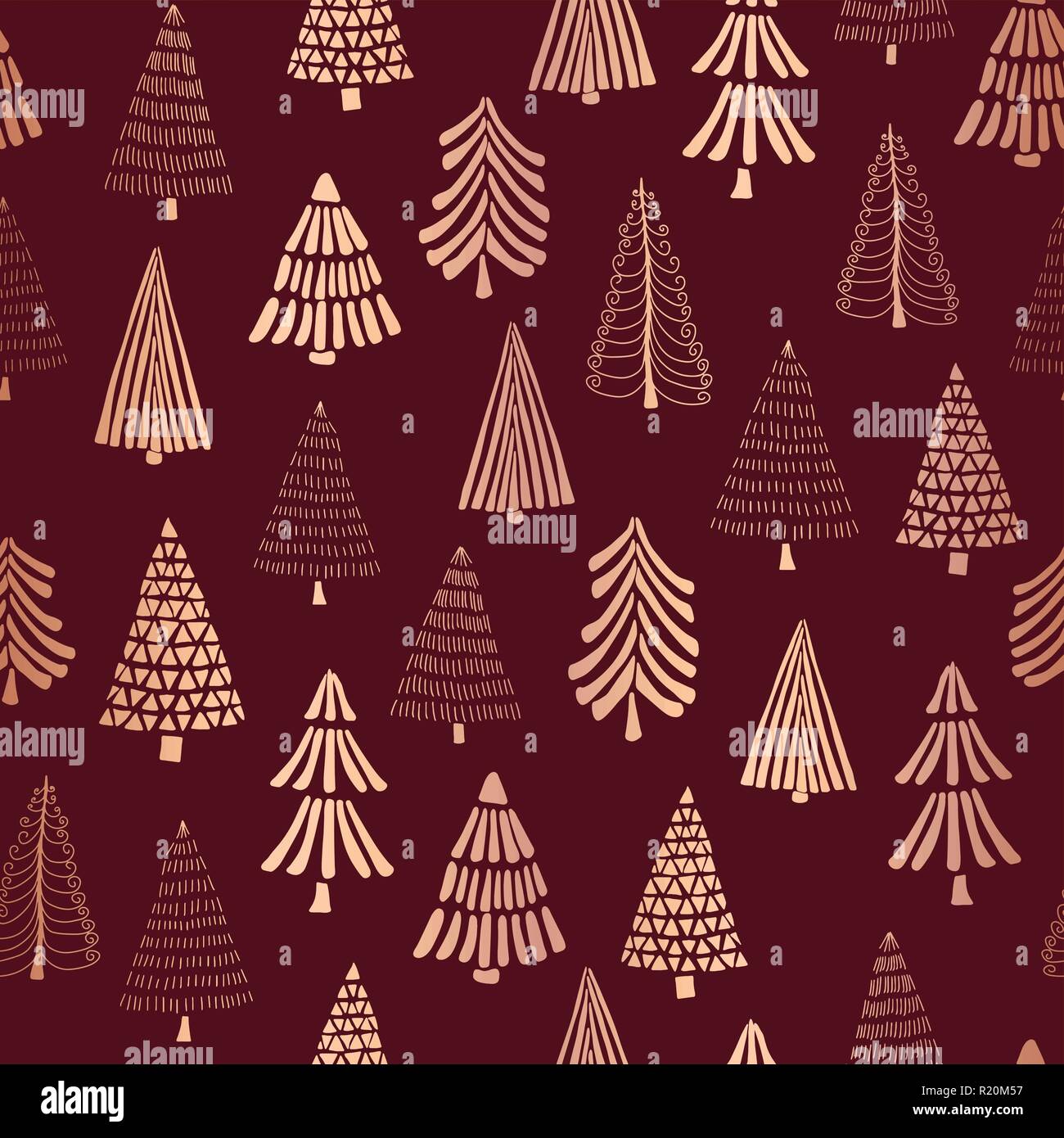 Copper foil doodle Christmas trees seamless vector pattern backdrop ...