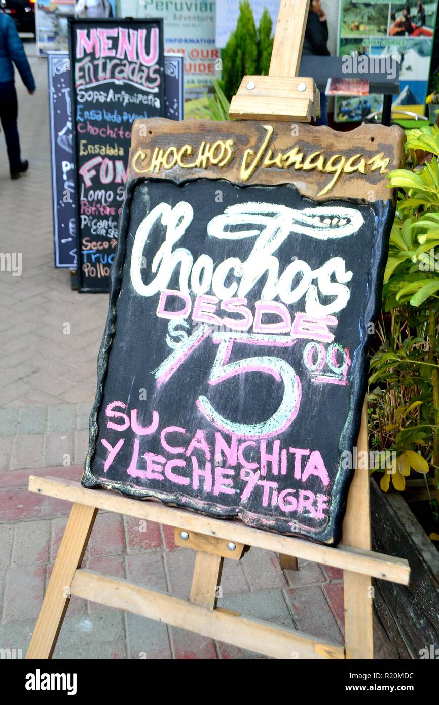 Selling chochos - Lupine- Restaurant in HUARAZ. Department of Ancash.PERU                     Stock Photo