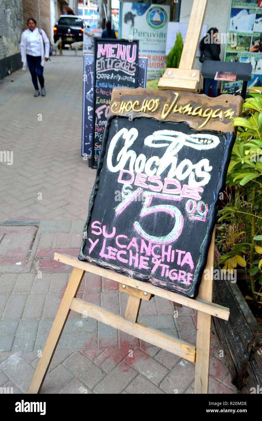 Selling chochos - Lupine- Restaurant in HUARAZ. Department of Ancash.PERU                     Stock Photo