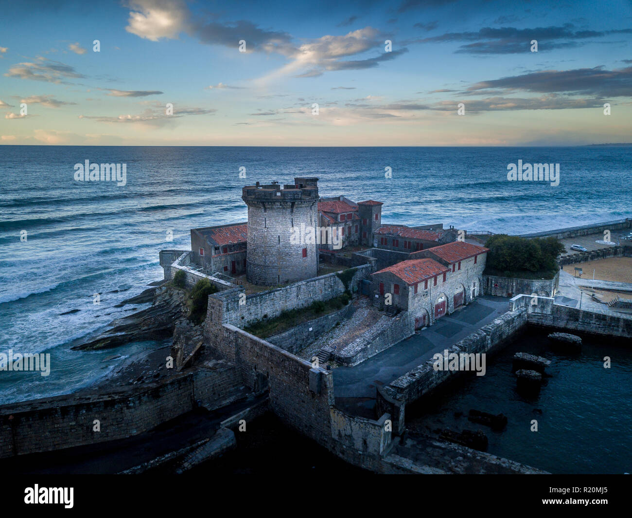 Aerial panorama of Socoa fort guarding the entrance of the Saint Jean de Luz bay, popular beach and resort on the Atlantic ocean Stock Photo
