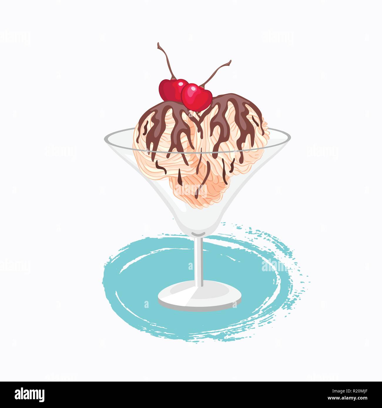 Cartoon style vanilla ice cream with chocolate and cherry vector icon on the white background with paint splash Stock Vector
