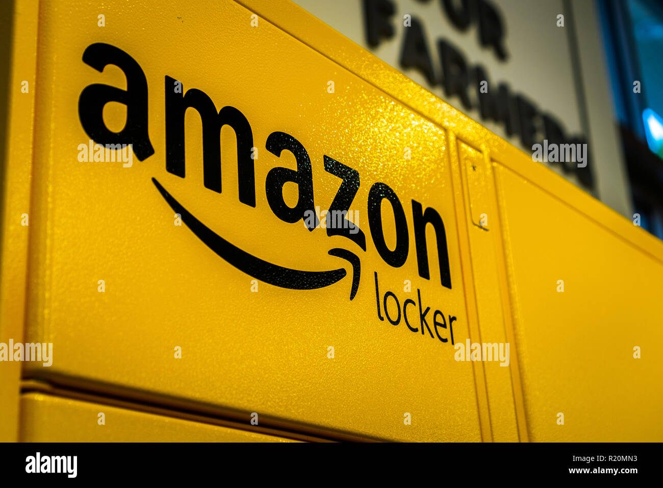 November 15, 2018 Santa Clara / CA / USA - Close up of Amazon logo on one of their Amazon lockers located inside a store in San Francisco bay area Stock Photo