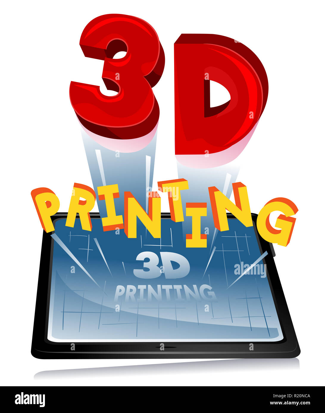 Typography Illustration Featuring a Computer Tablet With the Words 3D Printing Hovering Over It