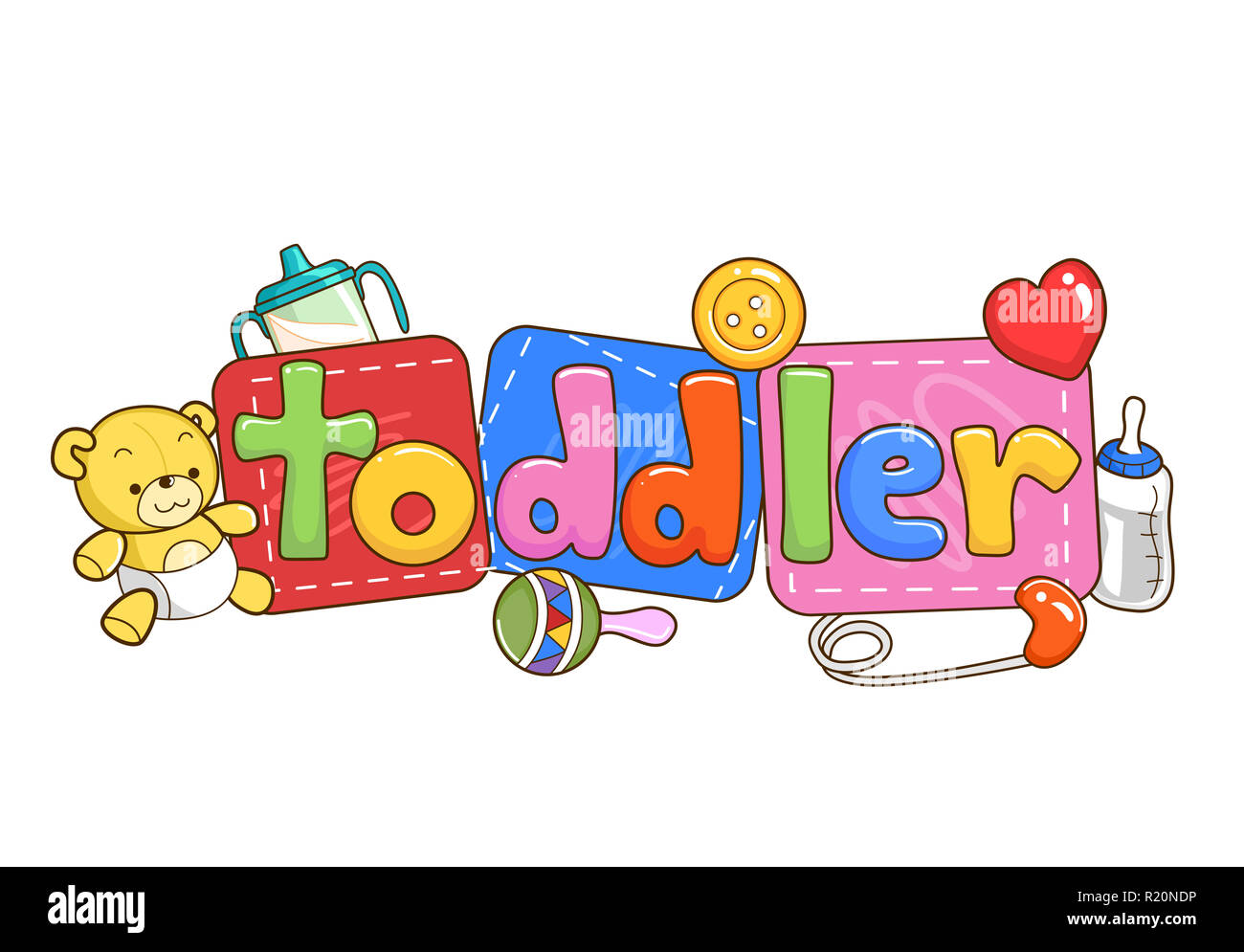 Colorful Typography Illustration Featuring a Stuffed Bear Sitting Beside Letter Tiles That Spell Out the Word Toddler Stock Photo