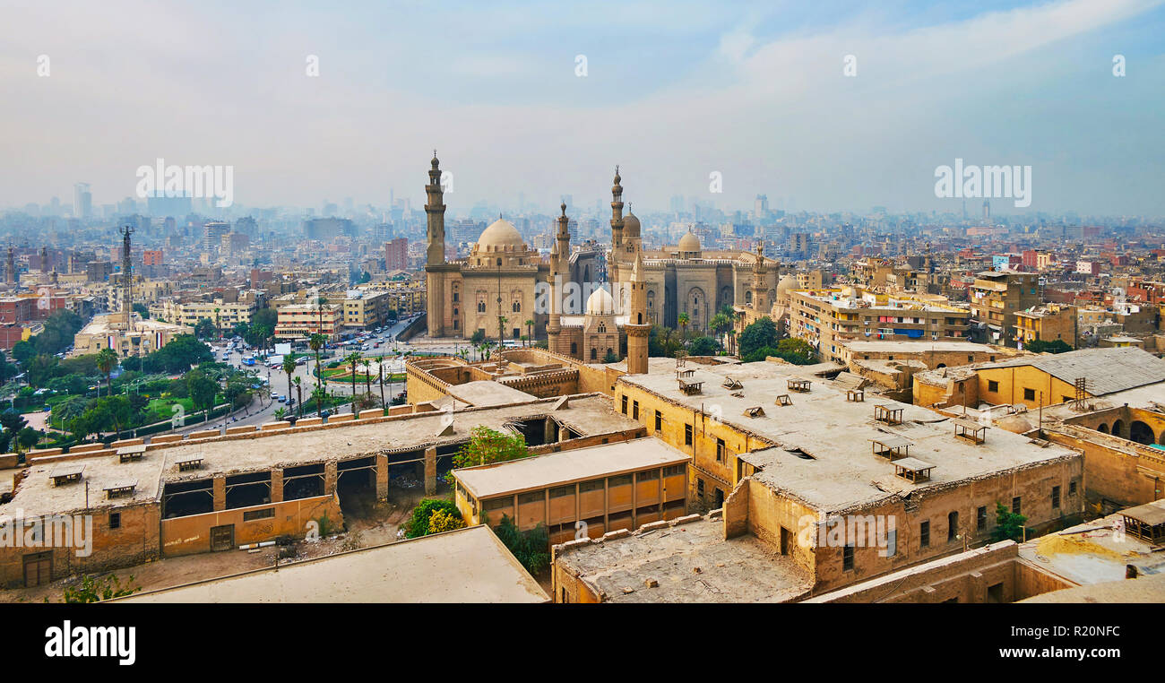 The Saladin Citadel boasts panoramic viewpoint, overlooking old Cairo with its great landmarks, such as Al Rifai and Sultan Hassan Mosques, Egypt. Stock Photo