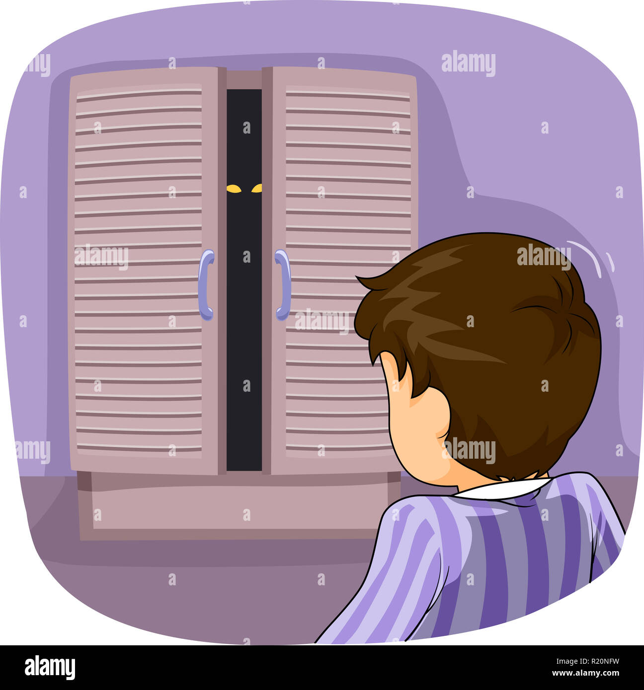 Illustration Featuring a Little Boy in Pajamas Left Frozen Stiff as He Stares at the Monster in His Closet Stock Photo