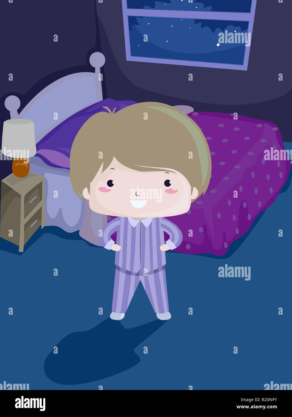 Colorful Illustration Featuring a Cute Little Kid in Pajamas Proudly Showing He is Not Afraid of the Dark Stock Photo