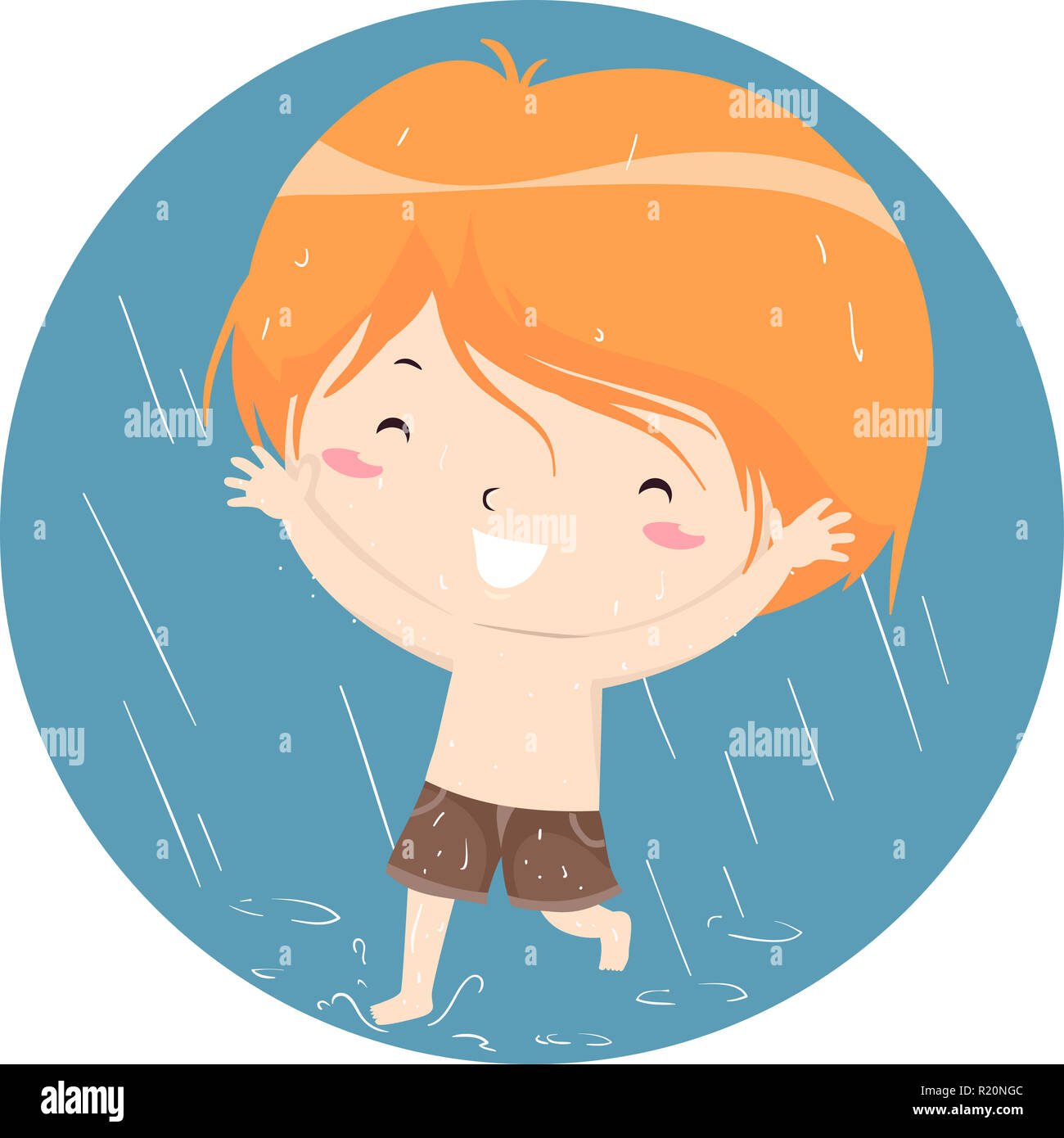 Colorful Illustration Featuring a Happy Little Boy Running Around While Getting Soaked in the Rain Stock Photo