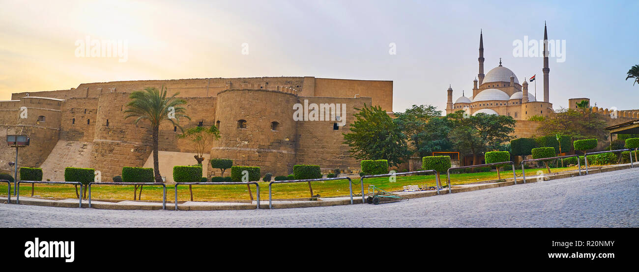 Panorama of Saladin Citadel with preserved medieval wall, huge towers ...
