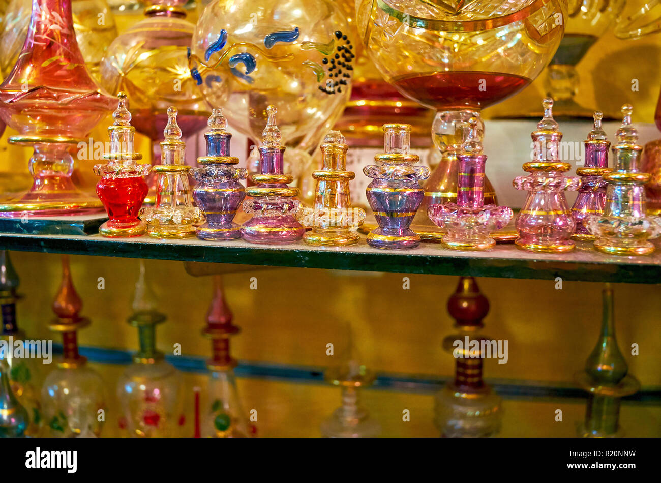 The beautiful perfume bottles of Egyptian glass in stall of Khan El Khalili Bazaar, Cairo, Egypt
