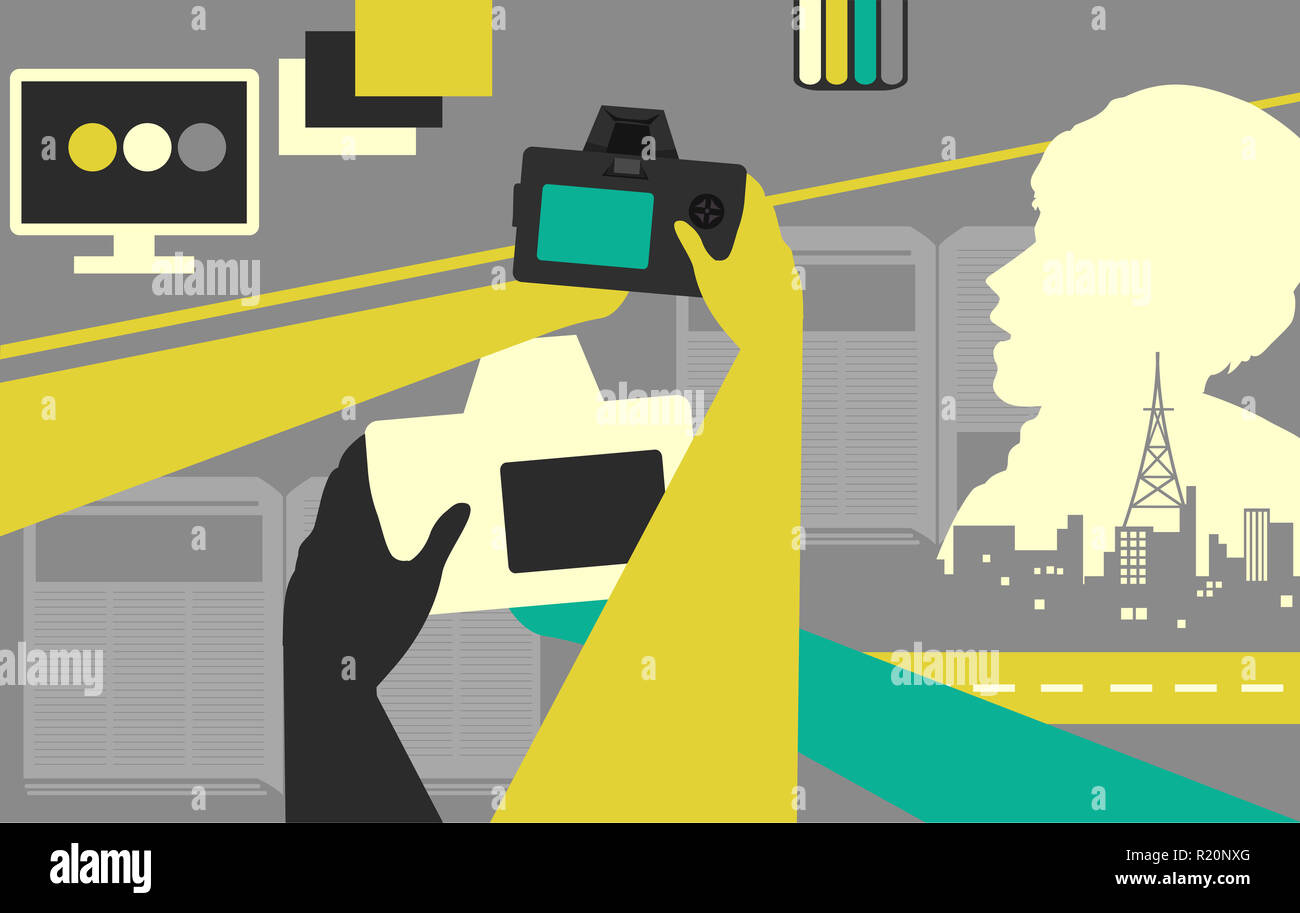 Photojournalism Illustration Featuring People Holding Digital Cameras With Monitors, Broadcast