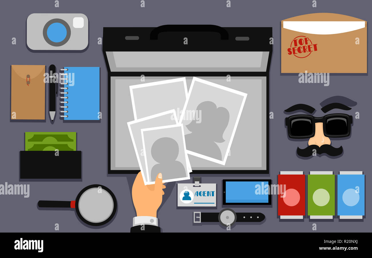 Illustration Featuring Spying Tools and Equipment Laid Out Across a