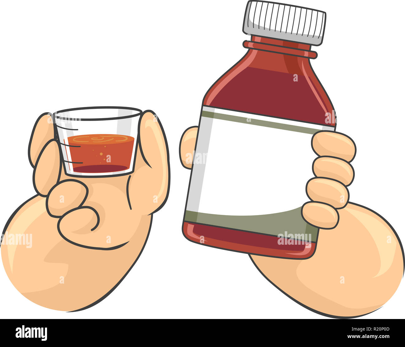 Illustration Featuring a Little Kid Holding a Medicine Bottle in One Hand and a Measuring Cup in the Other Stock Photo