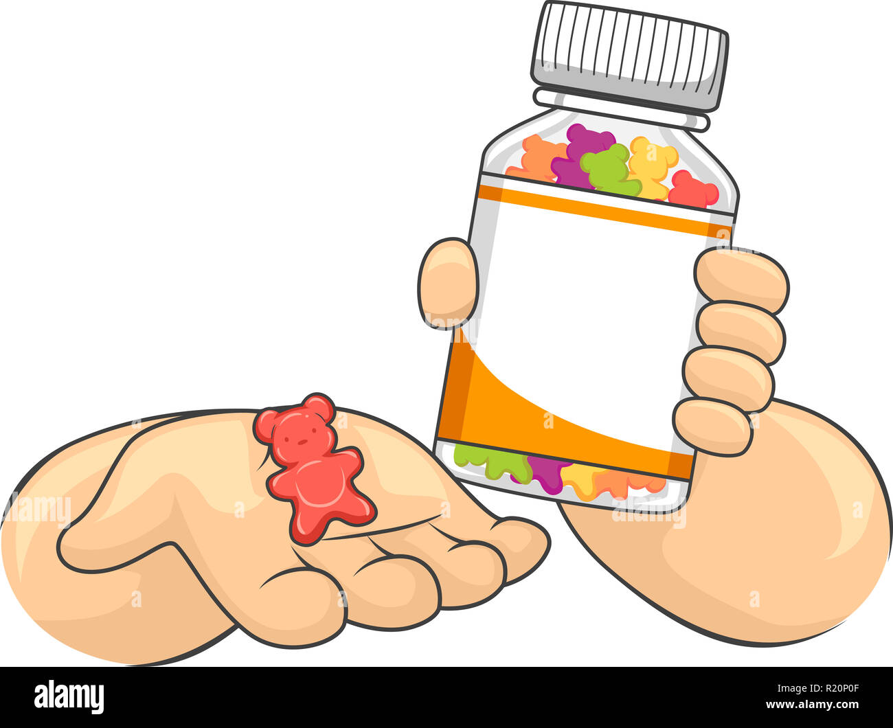 Illustration Featuring a Little Kid Holding a Medicine Bottle in One Hand and a Chewable Tablet in the Other Stock Photo