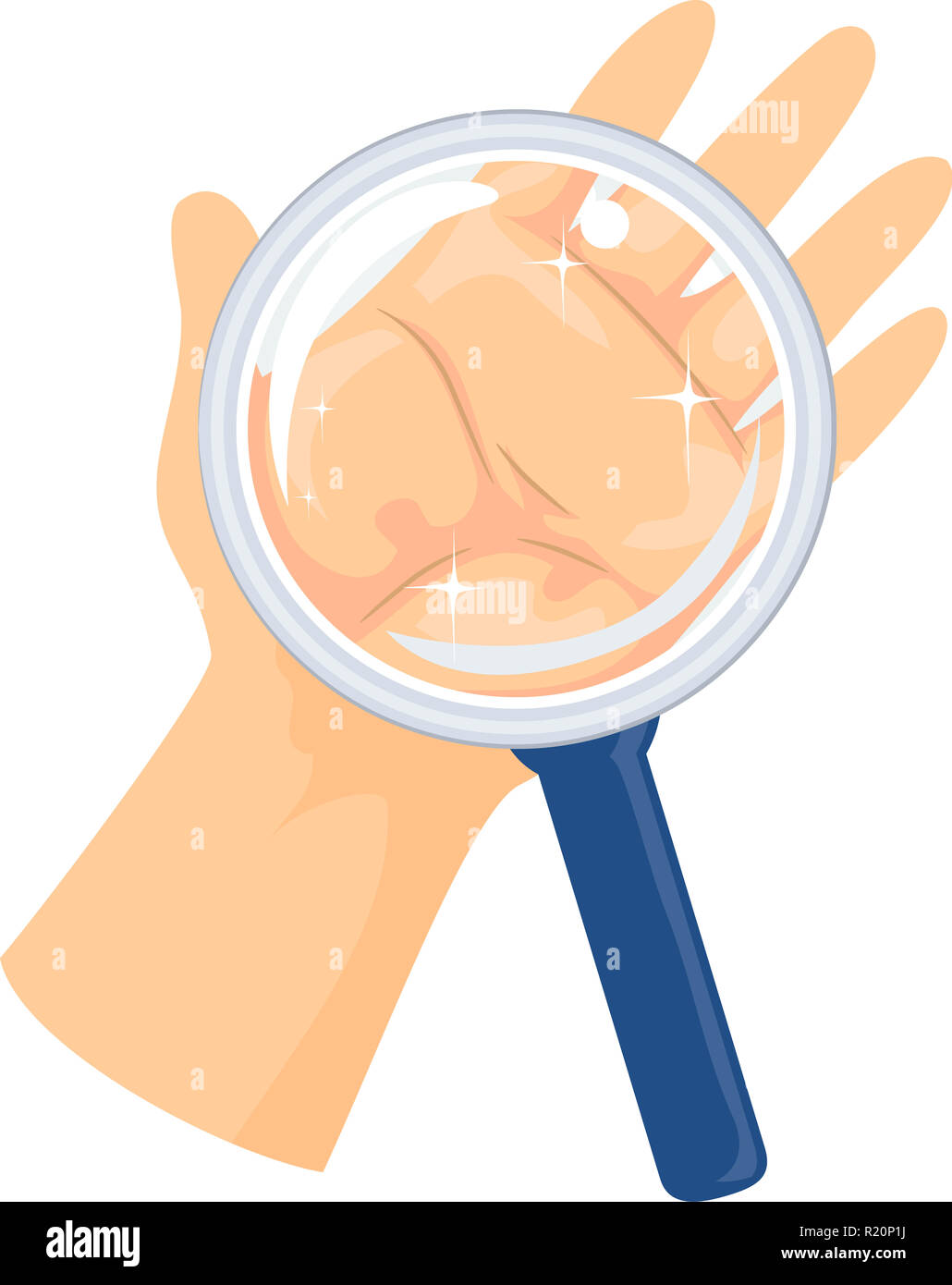 Illustration of a Magnifying Glass Over a Hand, Showing a Germ Free Hand Stock Photo