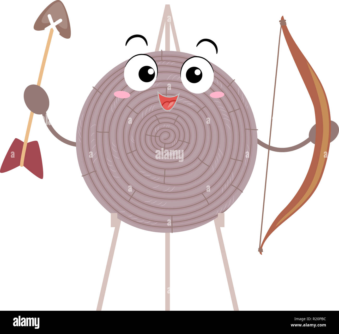 Colorful Mascot Illustration Featuring an Archery Target Holding a Bow and Arrow Stock Photo