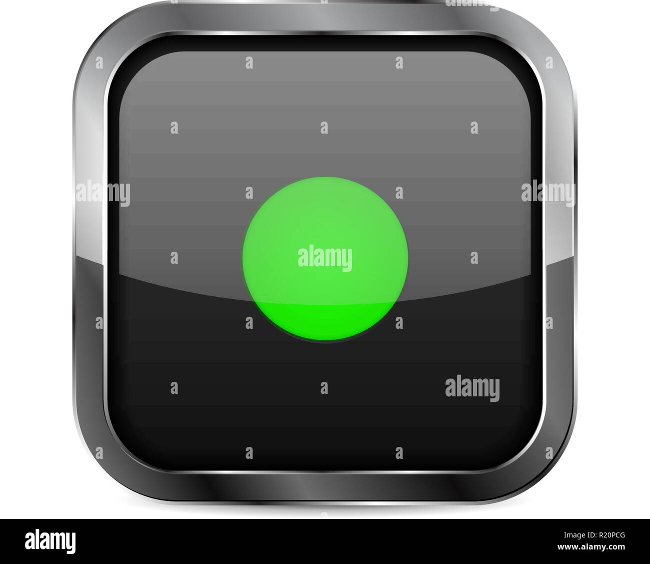Button. Black glass 3d icon with metal frame Stock Vector