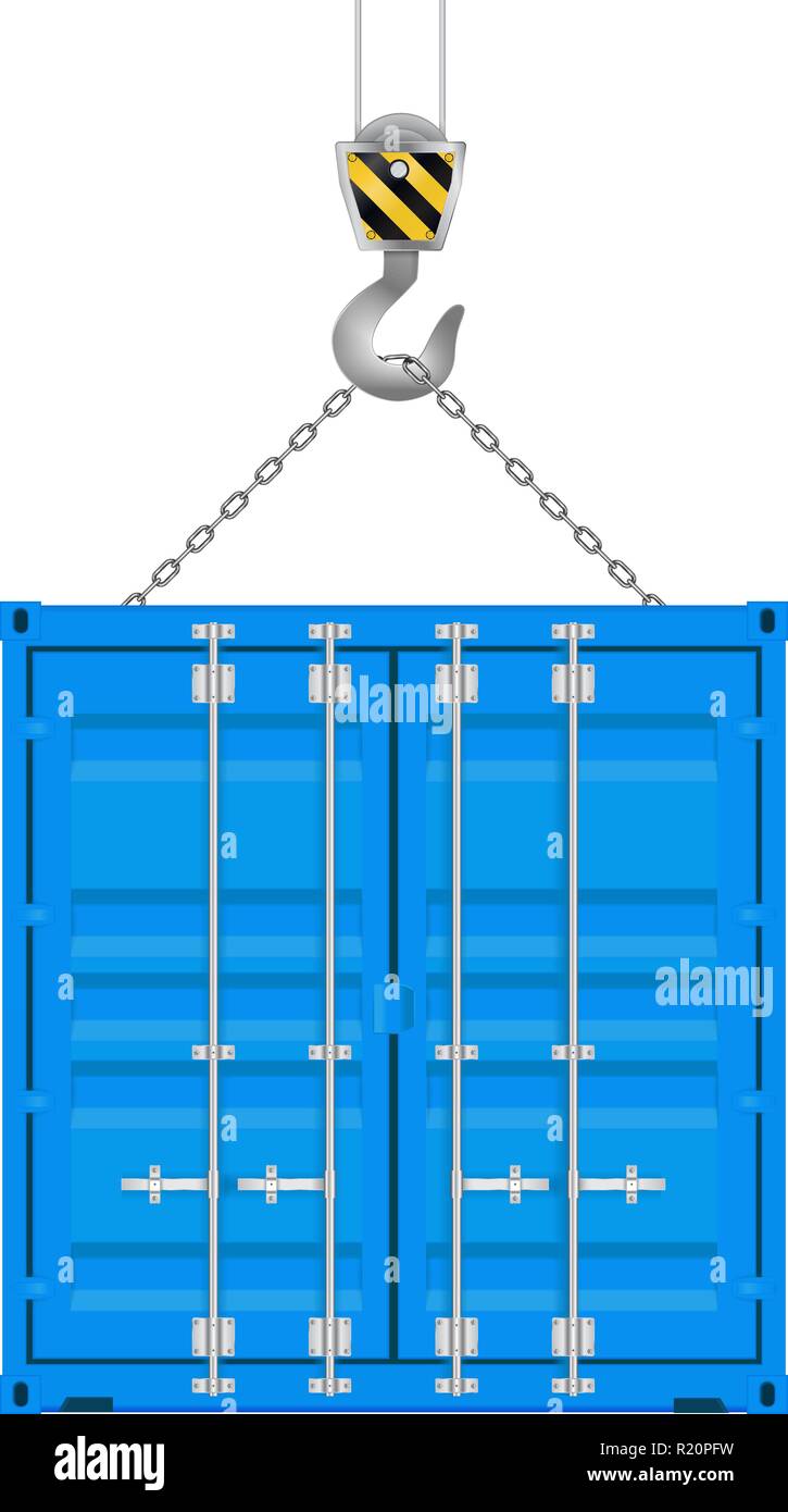 Blue shipping container on a crane hook Stock Vector