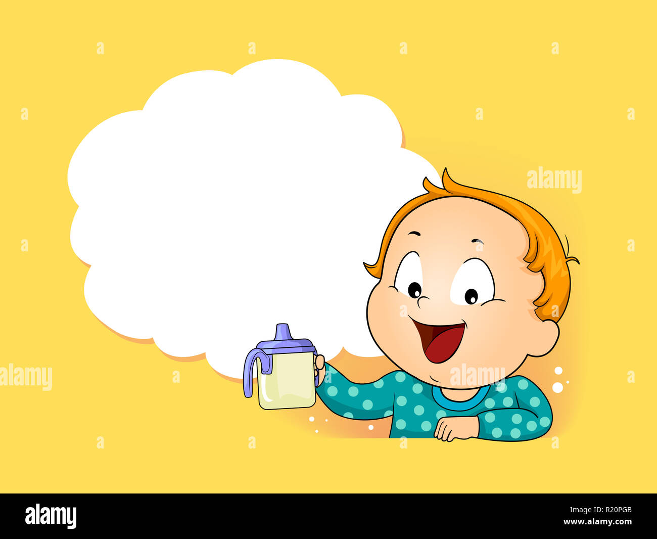 Colorful Illustration Featuring a Cute Little Boy Holding a Sippy Cup Standing Next to a Thought Cloud Stock Photo