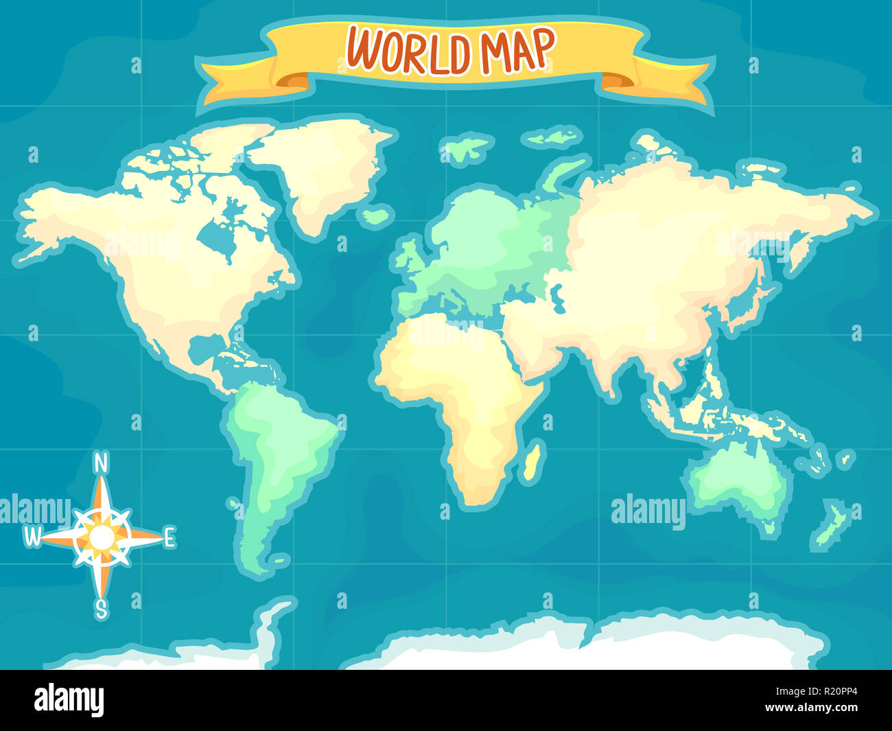 Colorful Illustration Featuring a World Map With a Direction Indicator at the Bottom Stock Photo