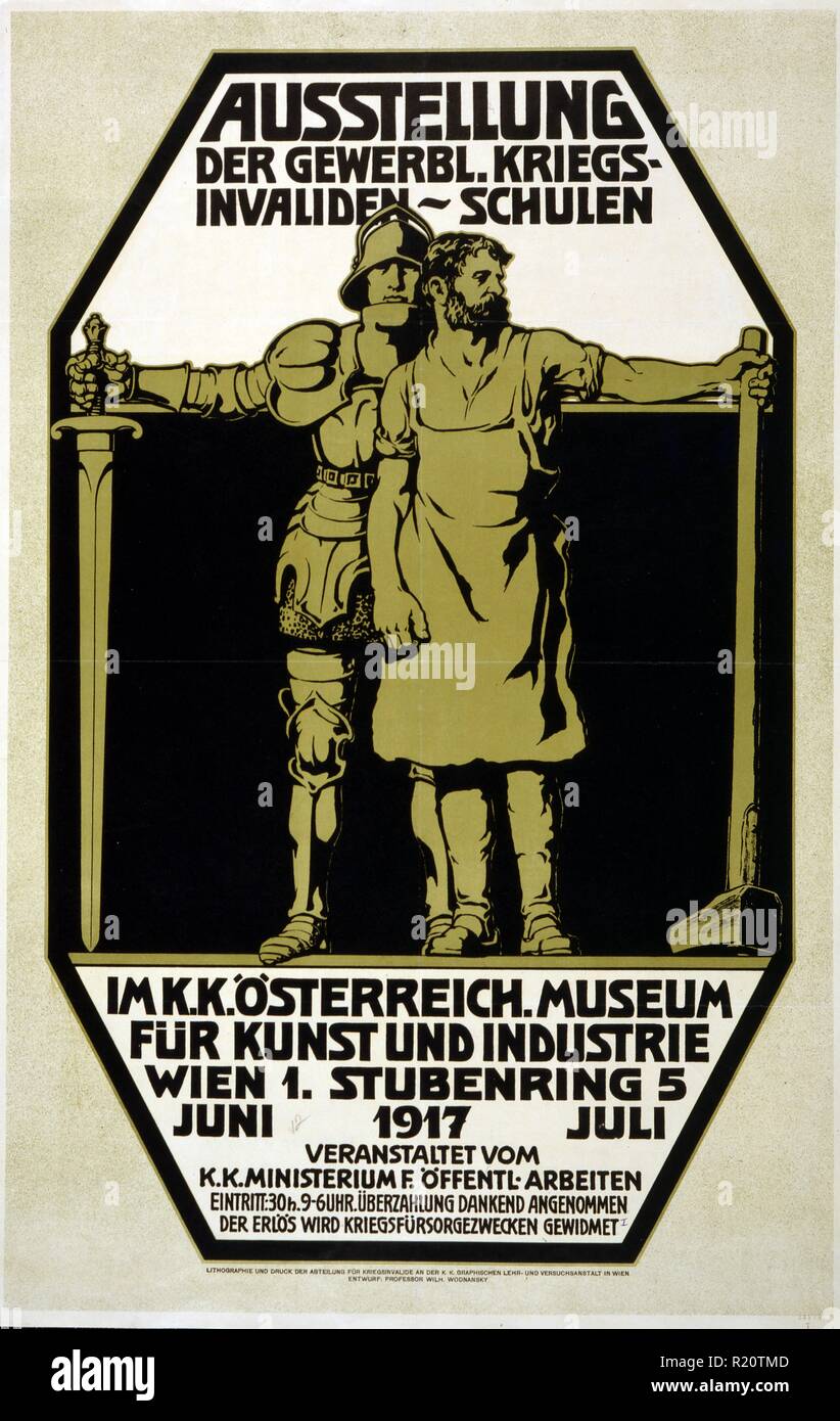 Poster shows a medieval knight standing behind a laborer. Text announces an exhibition by the Vocational School for War Invalids. Location, times, and entrance fee are given. Stock Photo