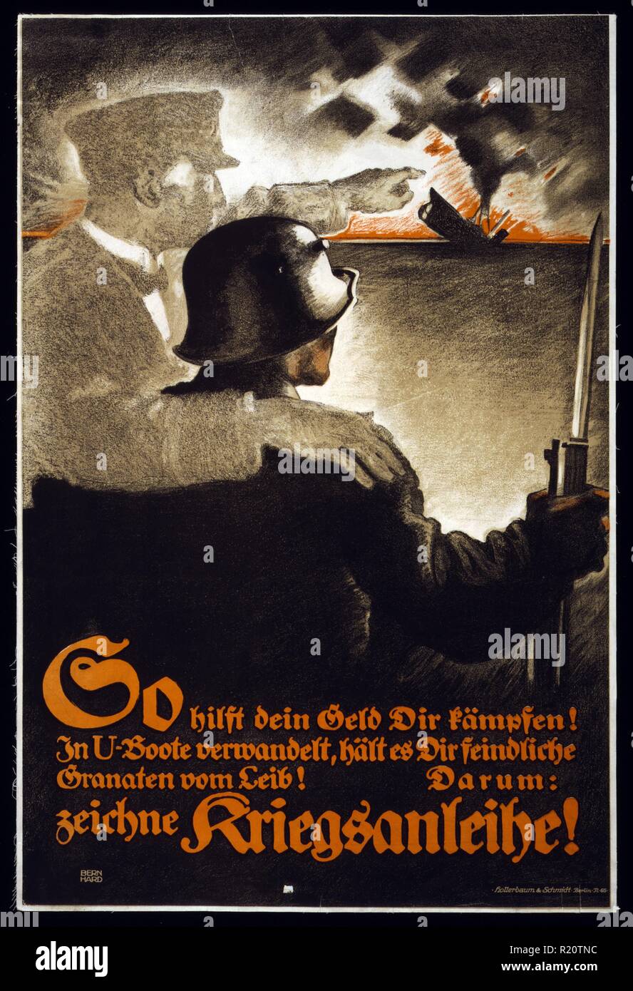 Poster shows the ghost of a sailor with his arm around a soldier. He is pointing to a sinking submarine. Text encourages people to subscribe to the war loan. Dated 1917 Stock Photo