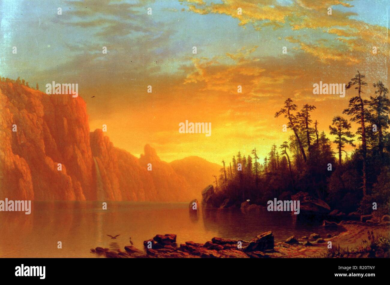 Colour chromolithograph of a Californian sunset. Created by Albert Bierstadt (1830-1902) German-American landscape painter. Dated 1864 Stock Photo