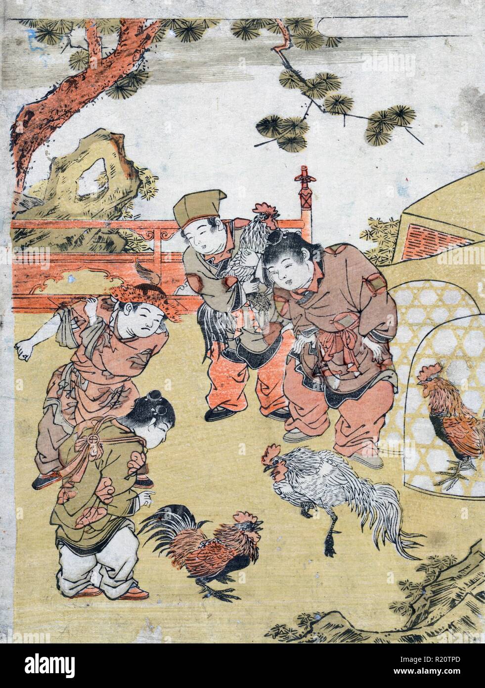 Colour woodcut titled 'Karako no tokei' depicts Chinese children fighting chickens. Created by Shigemasa Kitao (1739-1820) Dated 1773 Stock Photo