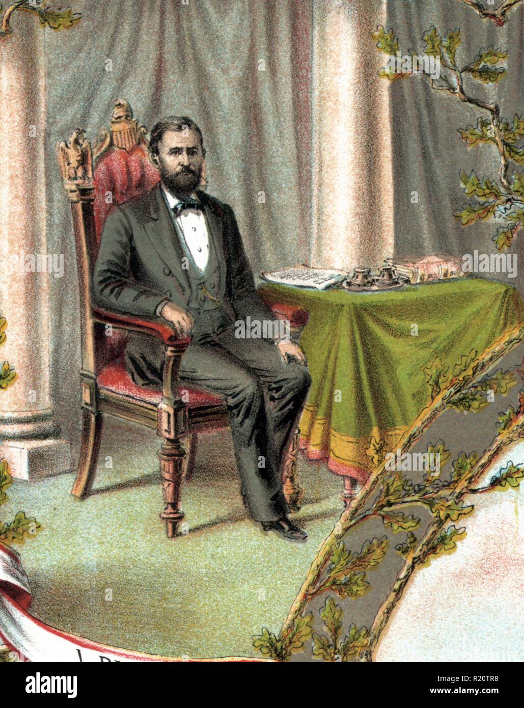 Vignette inspired by the Granger movement, depicts a seated President Ulysses S. Grant. The title is a variation on the movement's motto, 'I Pay for All.' The Grange was an organization composed mostly of Midwestern farmers, who united to combat the monopolistic practices of the railroads and grain elevators. Dated 1875 Stock Photo