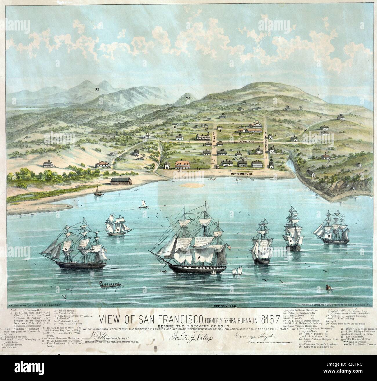 Colour print of San Francisco, formally Yerba Buena during the 1840s, prior to the discovery of gold. Dated 1884 Stock Photo