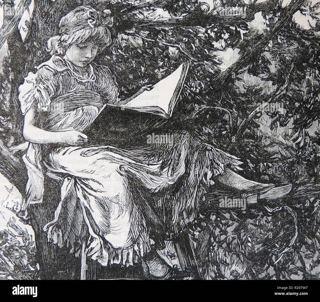 Felicia Dorothea Hemans (born Browne) - 1793-1835 - British poet. Hemens as a child in Wales sitting in a tree reading Shakespeare. Engraving, 1882. Stock Photo