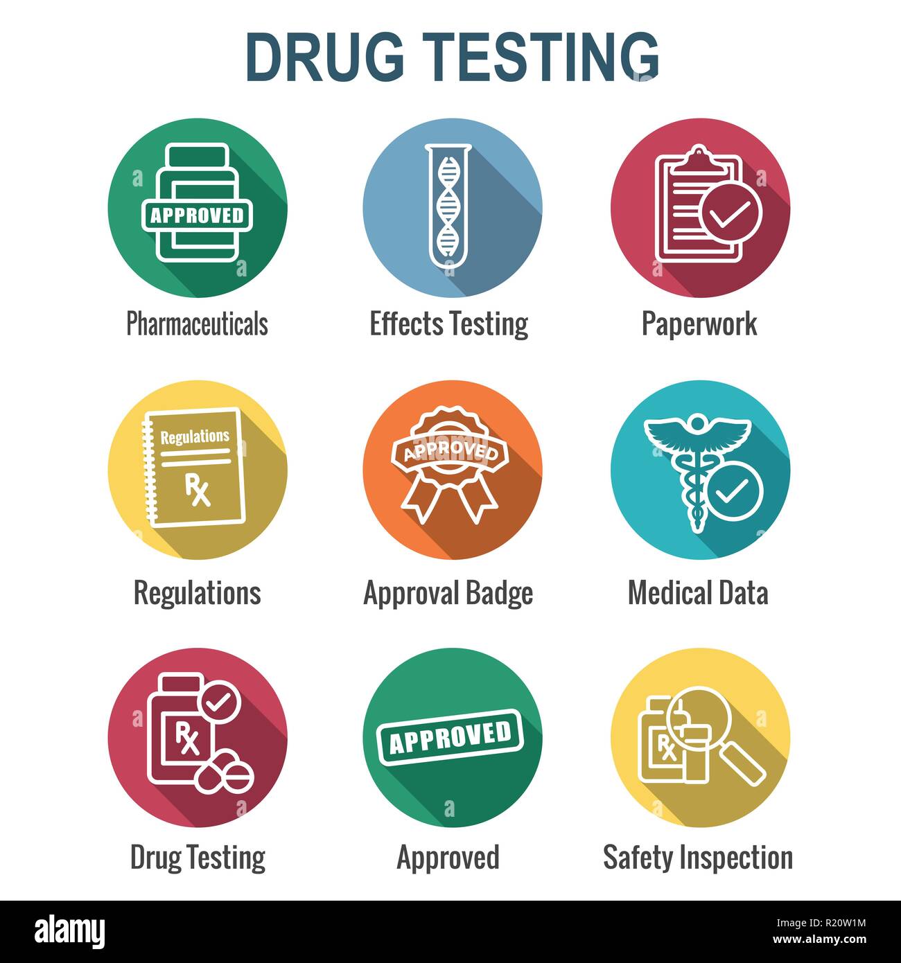 Drug Testing and Safety Icon Set Vector Graphic w Rounded Edges Stock Vector