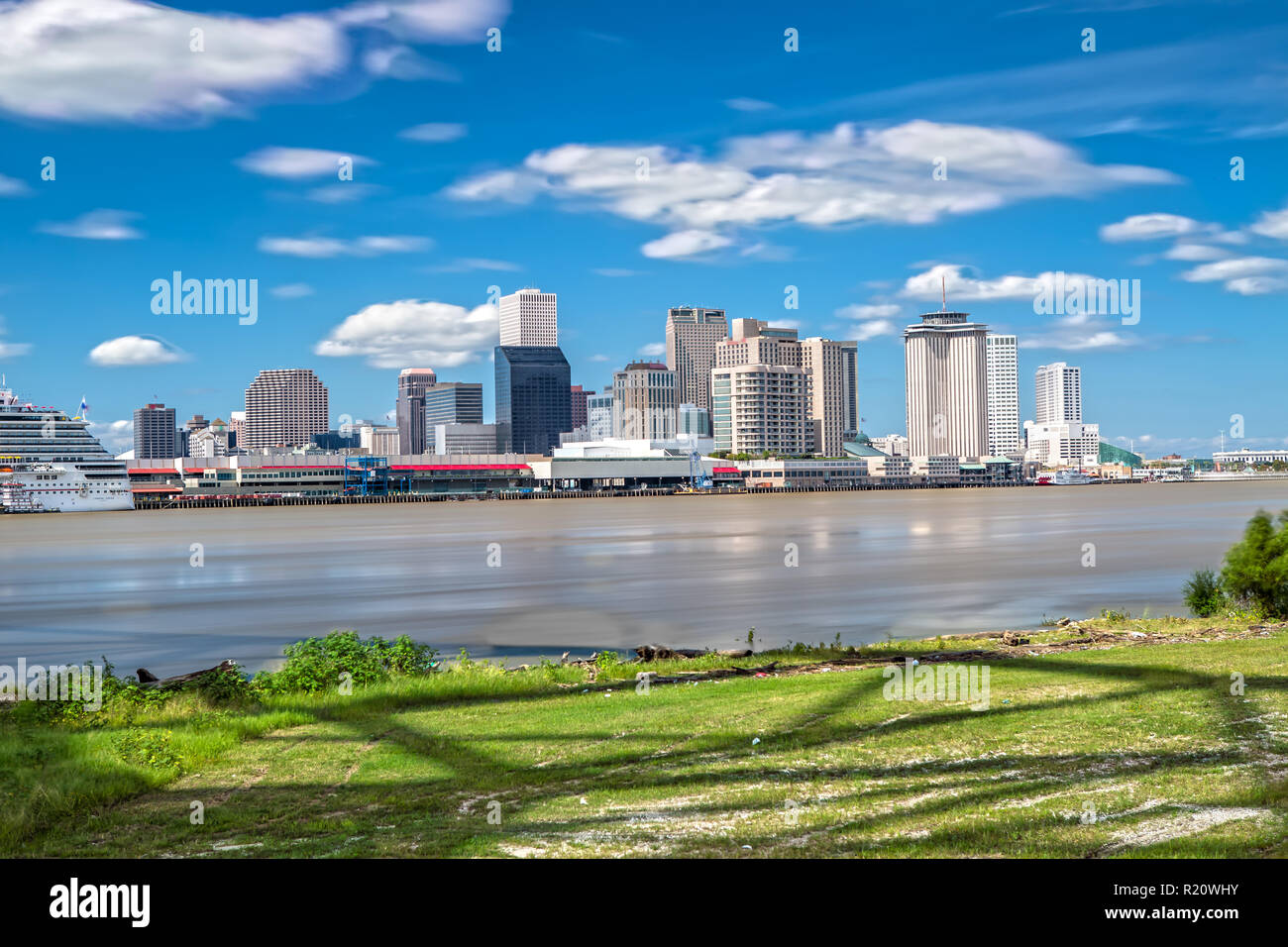 New Orleans Skyline from Mississippi River Trail Stock Photo