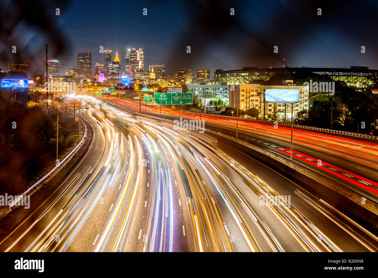 Downtown Atlanta Skyline from Pryor Road at Night Stock Photo