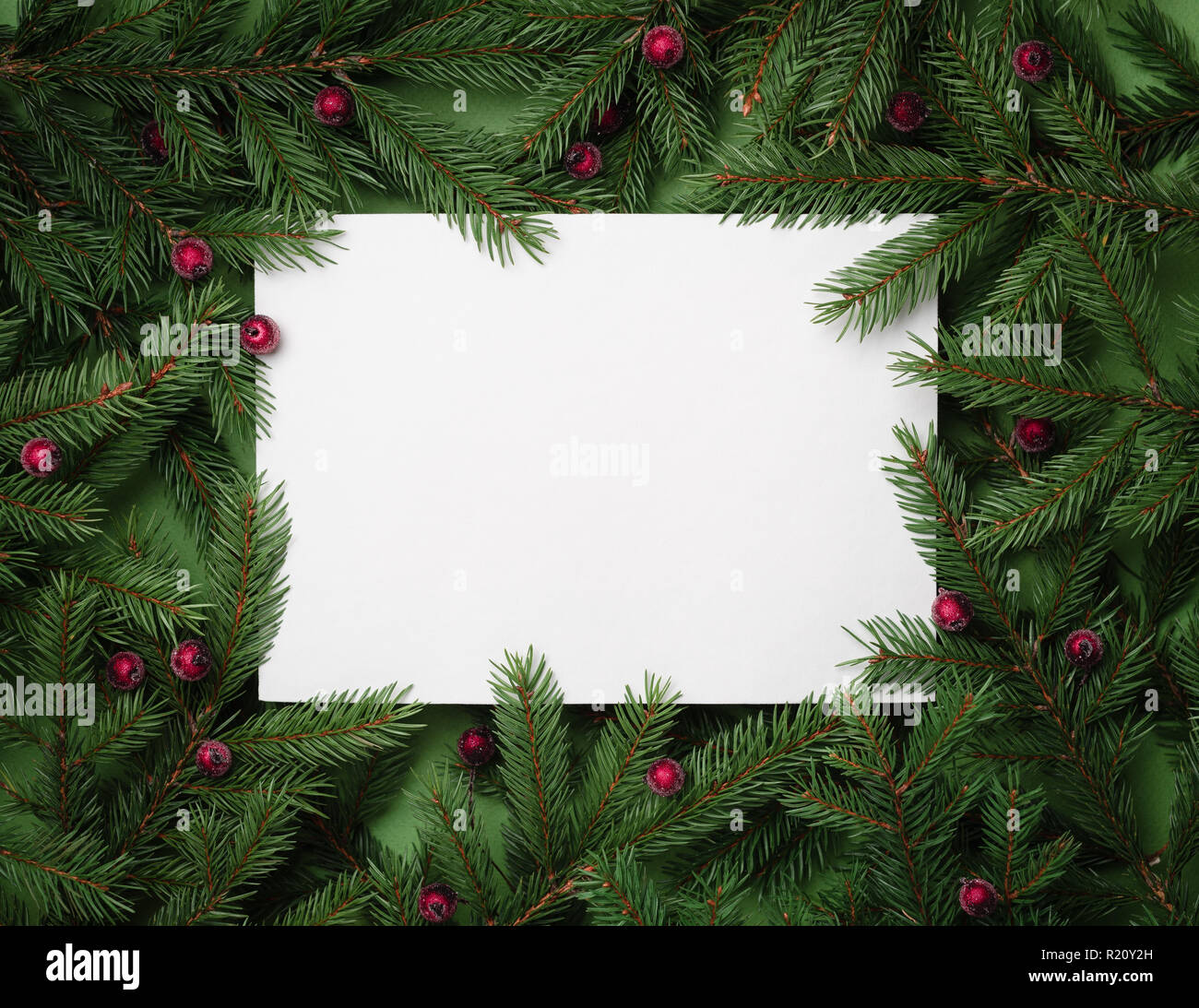 Festive background with copy space for text. Christmas border of fir branches and holly berries. Flat lay, top view Stock Photo