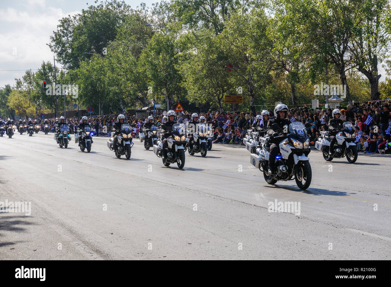 Hellenic Police motorcycles during Oxi Day parade in Thessaloniki, Greece. Greek police - Ellinikii Astynomia Security forces bikes with personnel. Stock Photo
