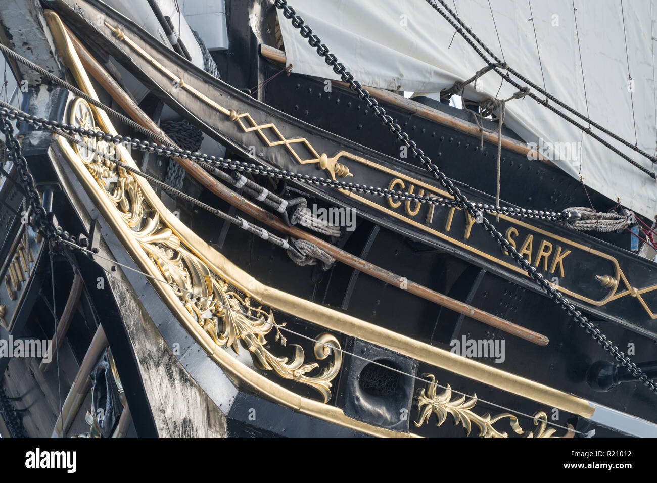 Detail of the Cutty Sark in Greenwich. From the Open City Thames Architecture Tour East. Photo date: Saturday, November 10, 2018. Photo: Roger Garfiel Stock Photo