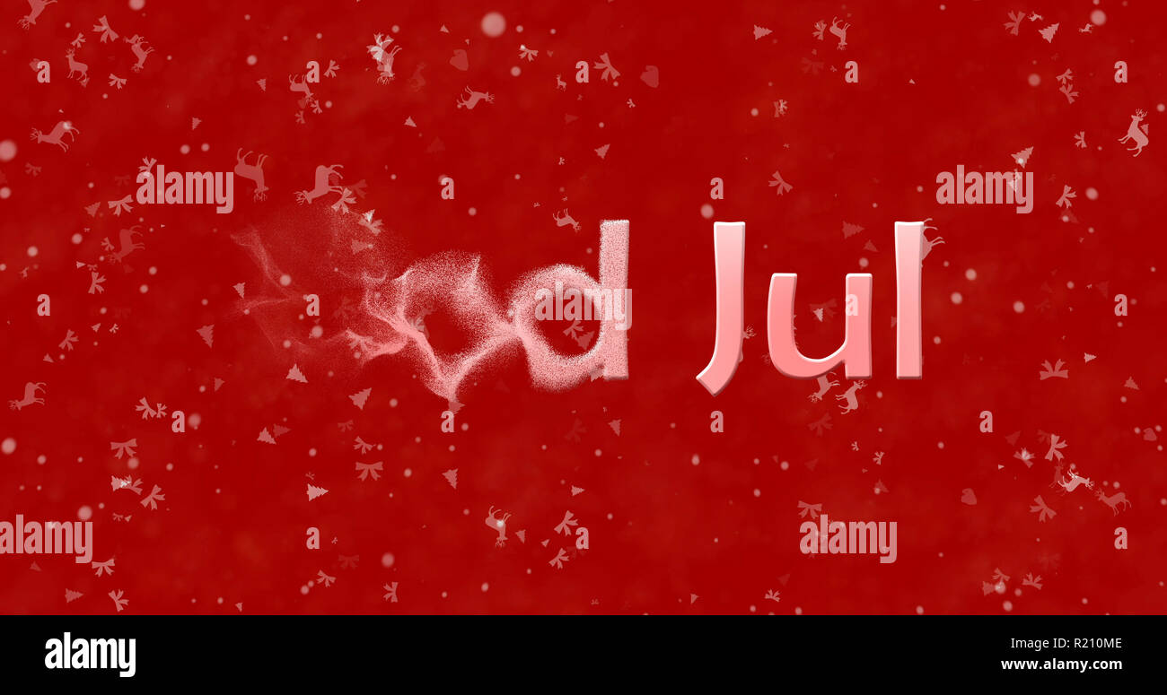 Merry Christmas text in Norwegian 'God Jul' turns to dust from left on red background Stock Photo