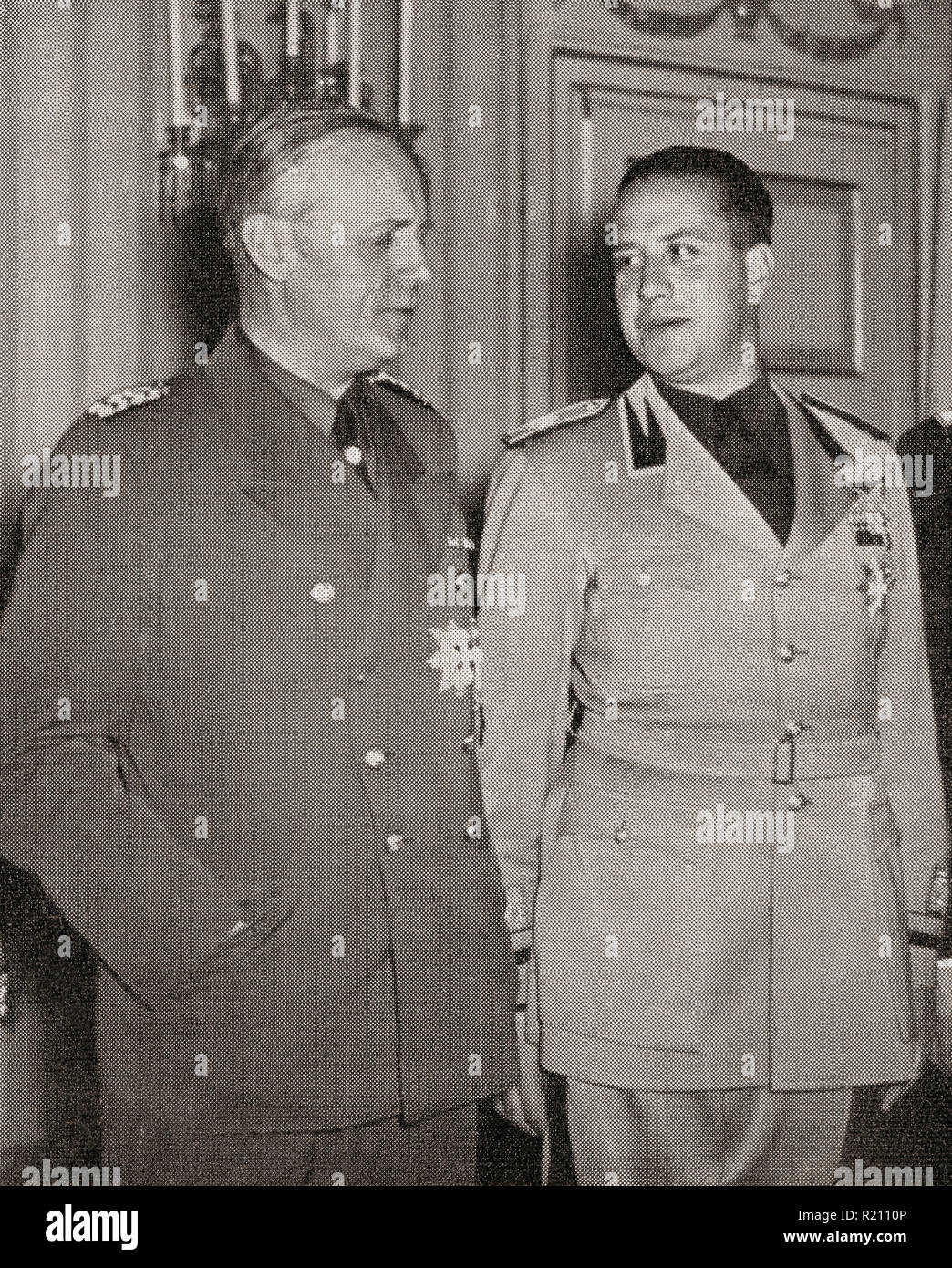 Ribbentrop, left, and Count Ciano, right.  Ulrich Friedrich Wilhelm Joachim von Ribbentrop, 1893 – 1946, aka Joachim von Ribbentrop. Foreign Minister of Nazi Germany, 1938 - 1945.  Gian Galeazzo Ciano, 2nd Count of Cortellazzo and Buccari, 1903 – 1944. Foreign Minister of Fascist Italy, 1936 - 1943 and Benito Mussolini's son-in-law.  From L'Illustration, published 1939. Stock Photo