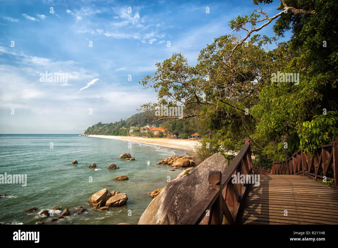 Stunning Nature Of Kuantan Best Kuantan Beach Resorts Famous For Pristine Nature Coastline With Tropic Nature Plants Sand Beaches Bridge Or Wooden Pier At Sea Lagoon With Rocks And Waves Stock Photo