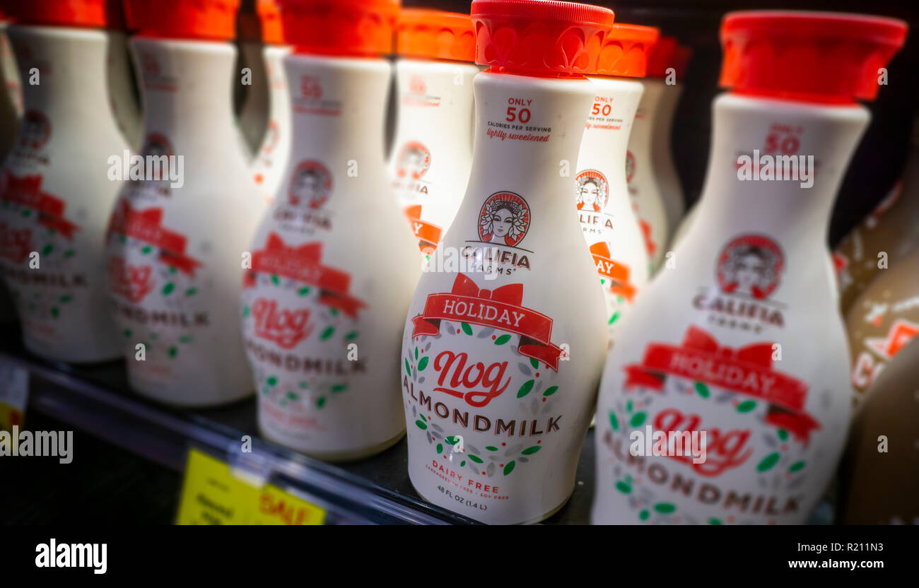 Bottles of Califia brand 'Holiday Nog', made with almond milk in a supermarket in New York on Thursday, November 8, 2018. Similar to the controversy over whether plant and nut-based beverages can be called 'milk', this nog has no egg and Califia, as well as other non-dairy 'milk' manufacturers are eschewing the egg in its label. (Â© Richard B. Levine) Stock Photo