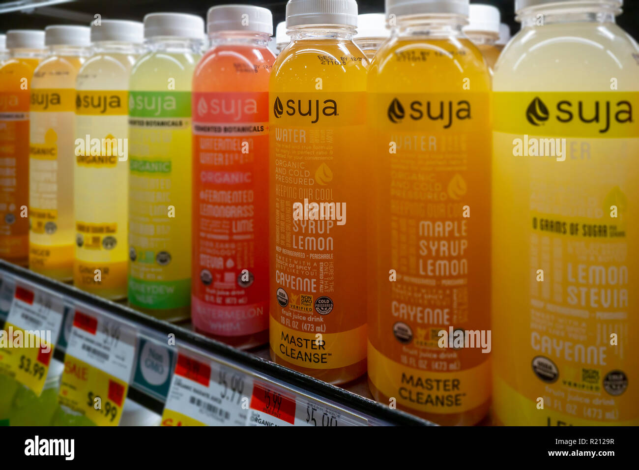 Bottles of Suja Life cold-pressed juice in a supermarket in New York on Thursday, November 8, 2018. The better-for-you cold pressed juice company is reported to have hired the Evercore investment bank to explore a possible sale of the brand. Coca-Cola acquired a minority stake in the company three years ago with an option to buy. (Â©Â Richard B. Levine) Stock Photo