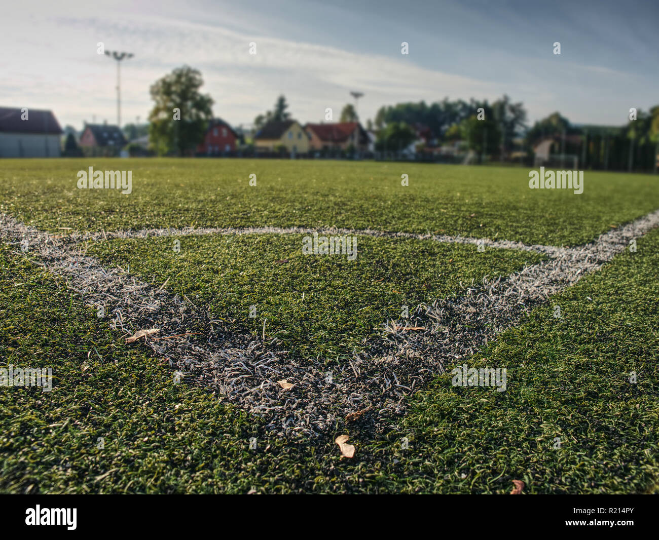 Football fierld corner. Close up corner of white line paint on green