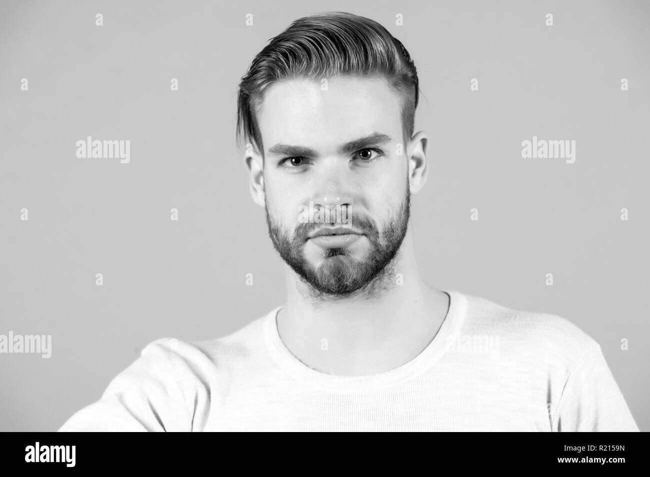 Macho in tshirt on grey background, fashion. Man with bearded face, stylish hair  haircut, salon. Fashion style, trend. Barber salon, barbershop. Grooming,  male beauty concept Stock Photo - Alamy